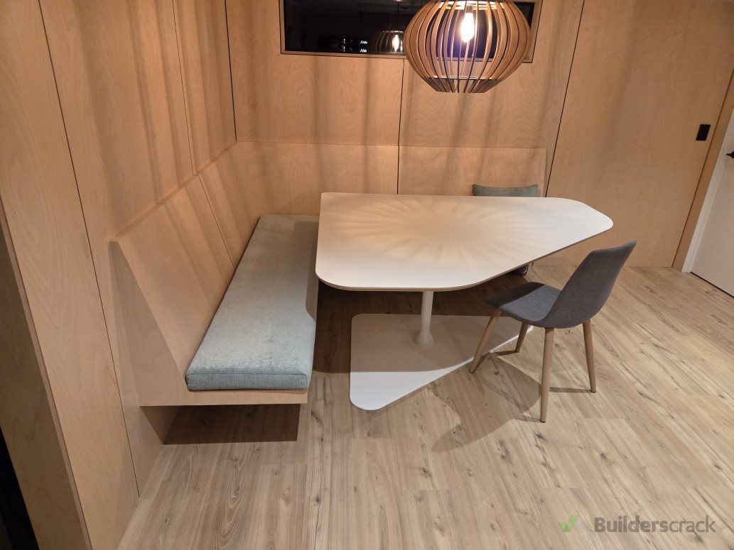 Floating dining room chair out of birch plywood woth negative details flowing from walls. Custom made dining room table