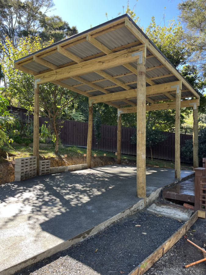 Poleshed Carport with exposed aggregate slab