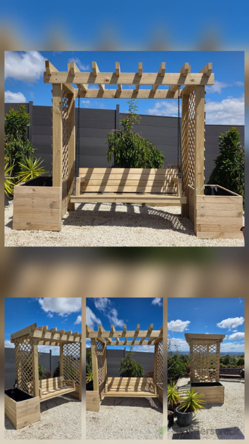 Handcrafted timber arbor swing with built-in planter boxes, adding both function and visual appeal to the outdoor area. Built for strength, comfort, and durability.