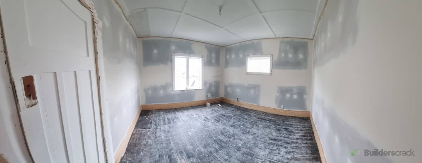 Plastering and sanding completed, skirting installed