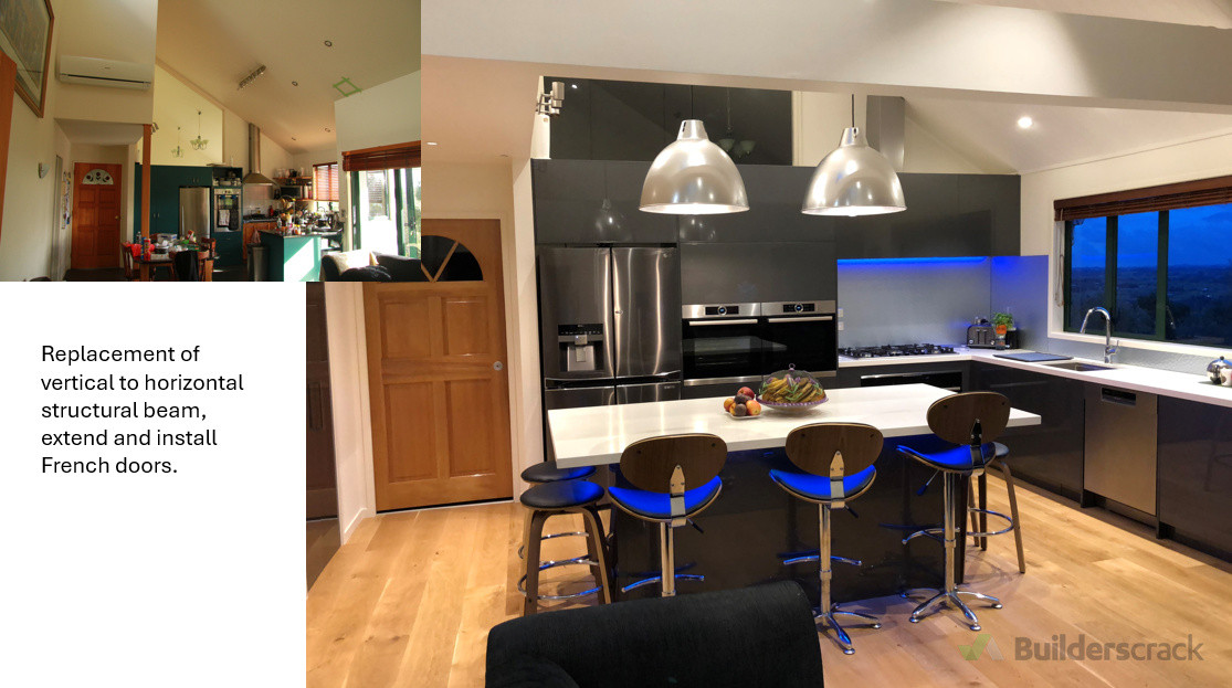 Replacement of vertical to horizontal structural beam, extend and install French doors.