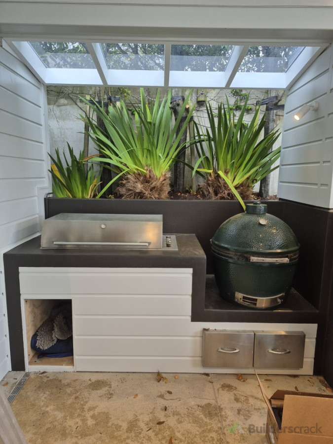 Custom built concrete bench and Clear-vue roof-cover