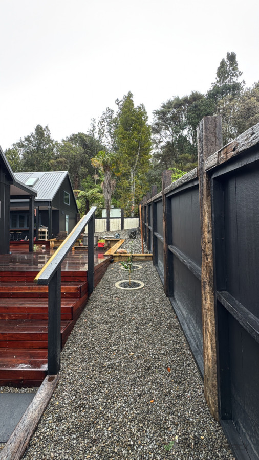 Stairs & Sleeper fence entry into our Whangamatā beach house renovation