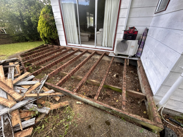 All decking removed in about two hours, framing looking pretty good but needs a little fixing up