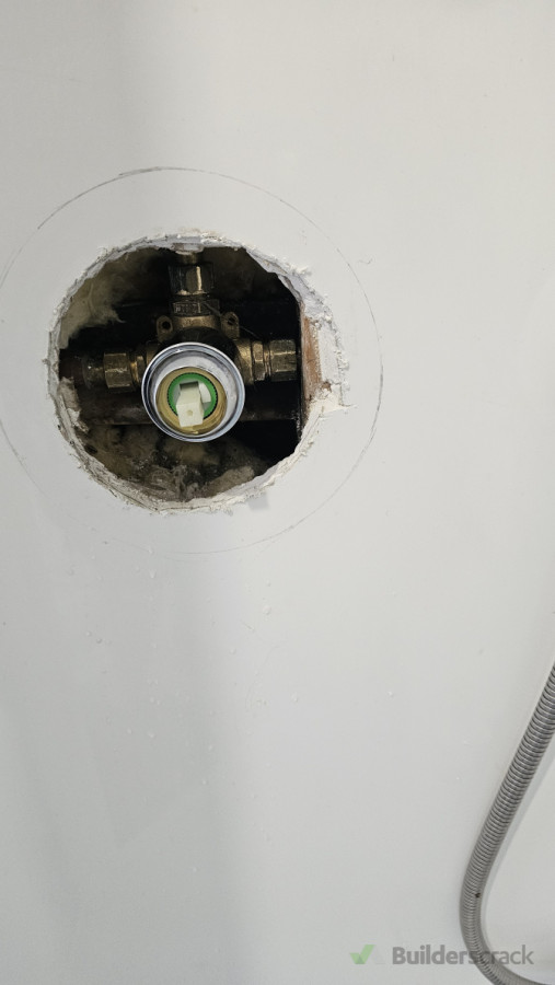 Replace leaking mixer with bigger face plate bit of a mission hear in tight space without taking out the shower liner