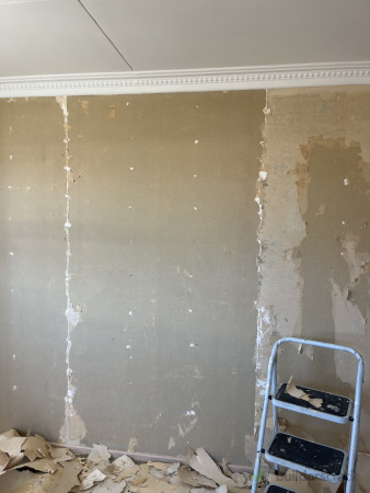 Some areas came off easily. Other areas like to the right of this picture, I couldn’t remove and had to skim it with plaster