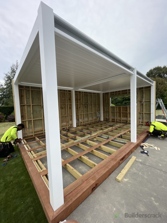 Kwila Decking & External Walls around Pergola w Framless Glass to Follow- Tamahere