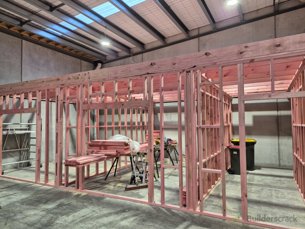 Internal timber framing for warehouse mezzanine and storage area.