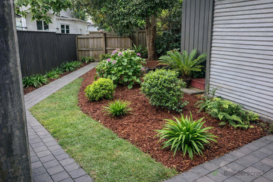 Garden tidy-up completed with fresh mulch, trimmed plants, and a clean, low-maintenance finish.