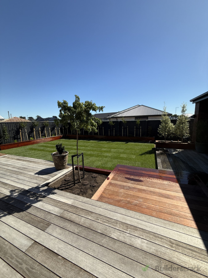 Deck extensions, exterior fence planter box, planting (trees, new lawn).