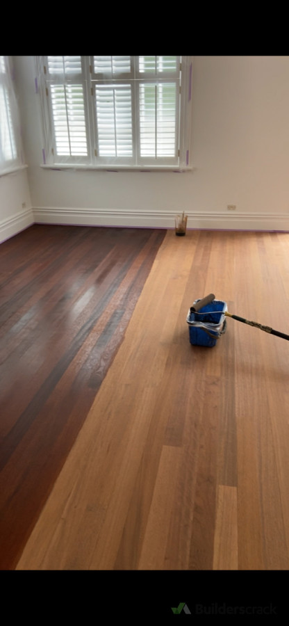 Here we have solid Kwila timber floor that we are staining to an elegant Brown to reduce the Red appearance of Kwila