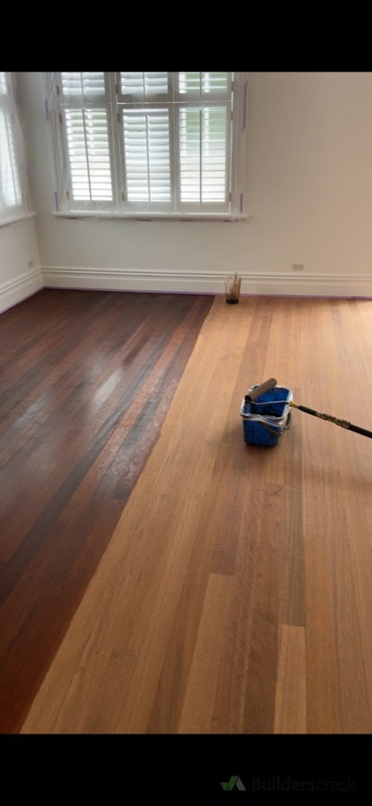 Here we have solid Kwila timber floor that we are staining to an elegant Brown to reduce the Red appearance of Kwila