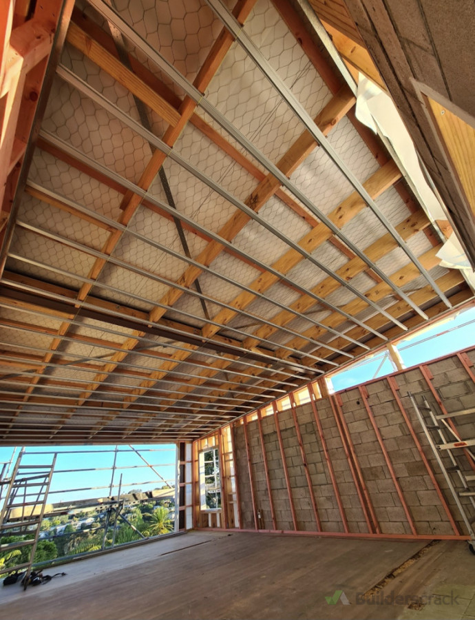 Lounge rake, direct-fix rondo ceiling install for a residential house in Birkenhead, Auckland.