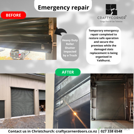 Emergency commercial roller shutter repair in Yaldhurst Christchurch after truck impact damage – temporary repair completed to secure the premises and restore safe operation.