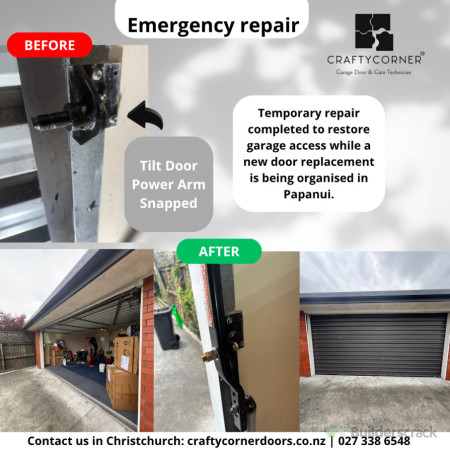 Emergency tilt door repair in Papanui Christchurch after snapped power arm – temporary repair completed to restore safe garage access while replacement door is arranged.