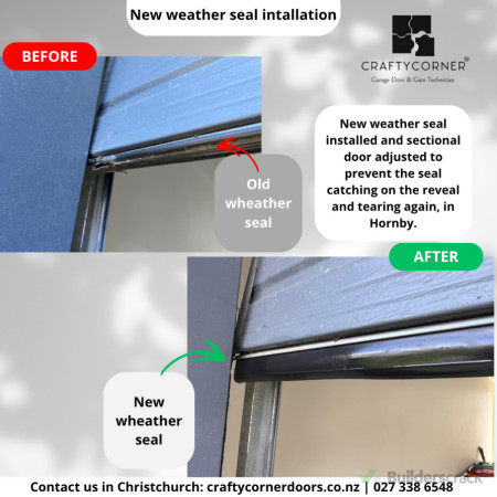 Sectional garage door weather seal replacement in Hornby Christchurch with door adjustment to prevent seal catching on the reveal and tearing again.