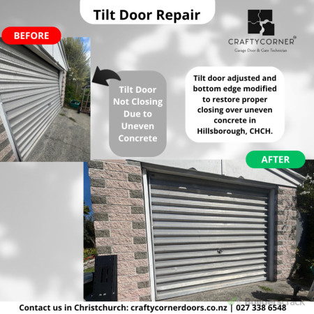 Tilt door repair in Hillsborough Christchurch with bottom edge adjustment to fix uneven closing caused by sloping concrete levels.