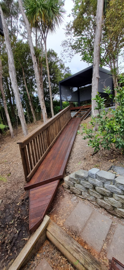 Deck and pergola and walkway.