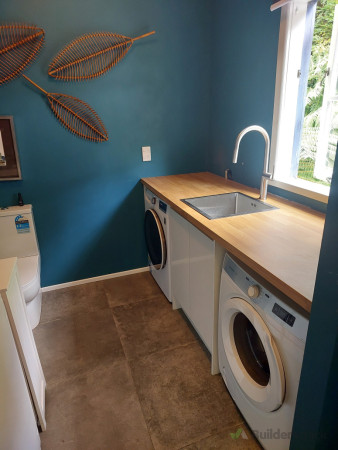 After renovation: benchtop,  base cabinet, sink tapware, splashback