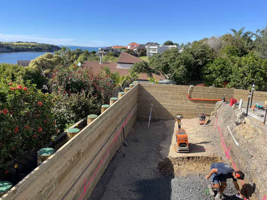 Retaining wall for swimming pool installation.