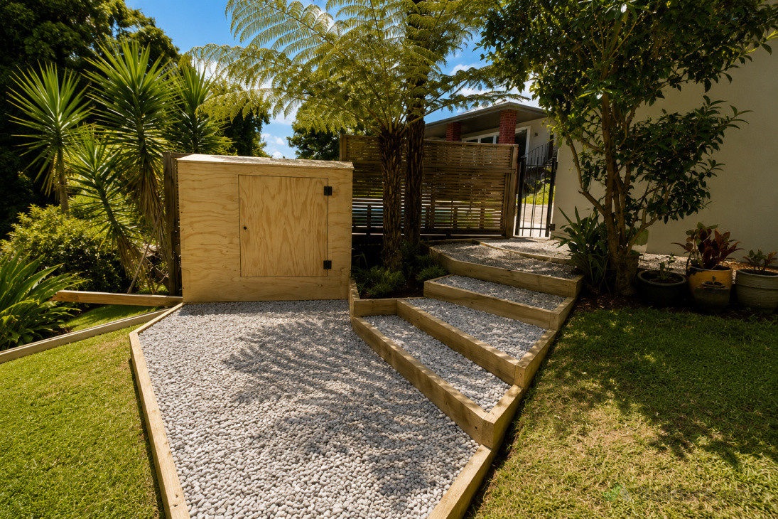 Retaining steps and pool pump shed