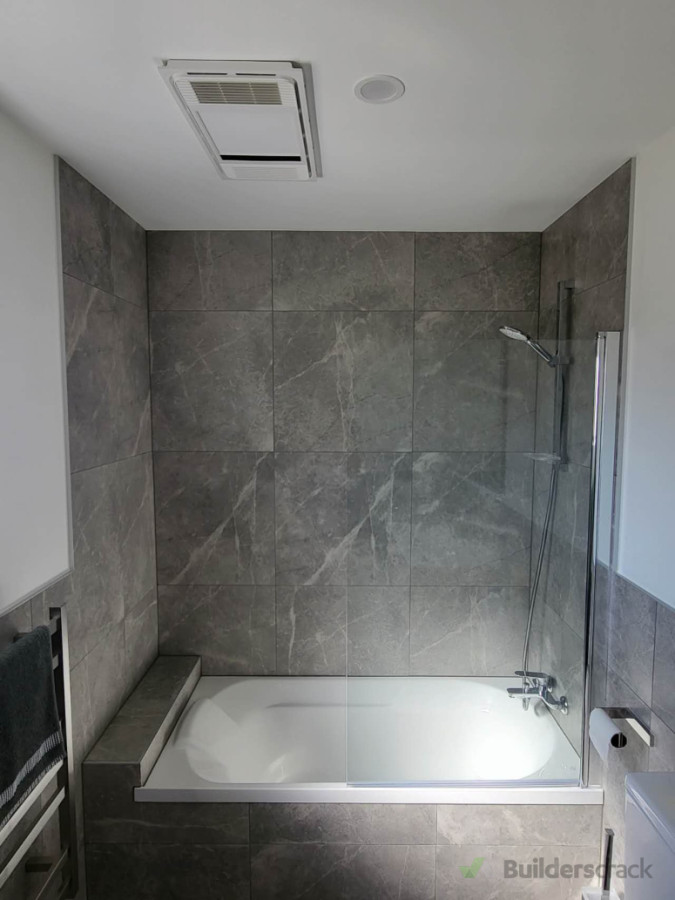 New shower on bath. New ceiling exhaust fan with led light
