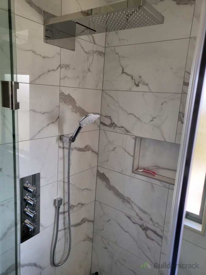 Fully demolished. Custom made shower enclosure to ceiling height. 4 functions shower fittings was supplied by the lovely client, which made a bit challenge for plumber. Sorted.