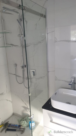 Shower and Vanity with tile finish.