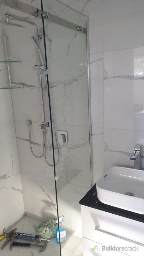 Shower and Vanity with tile finish.