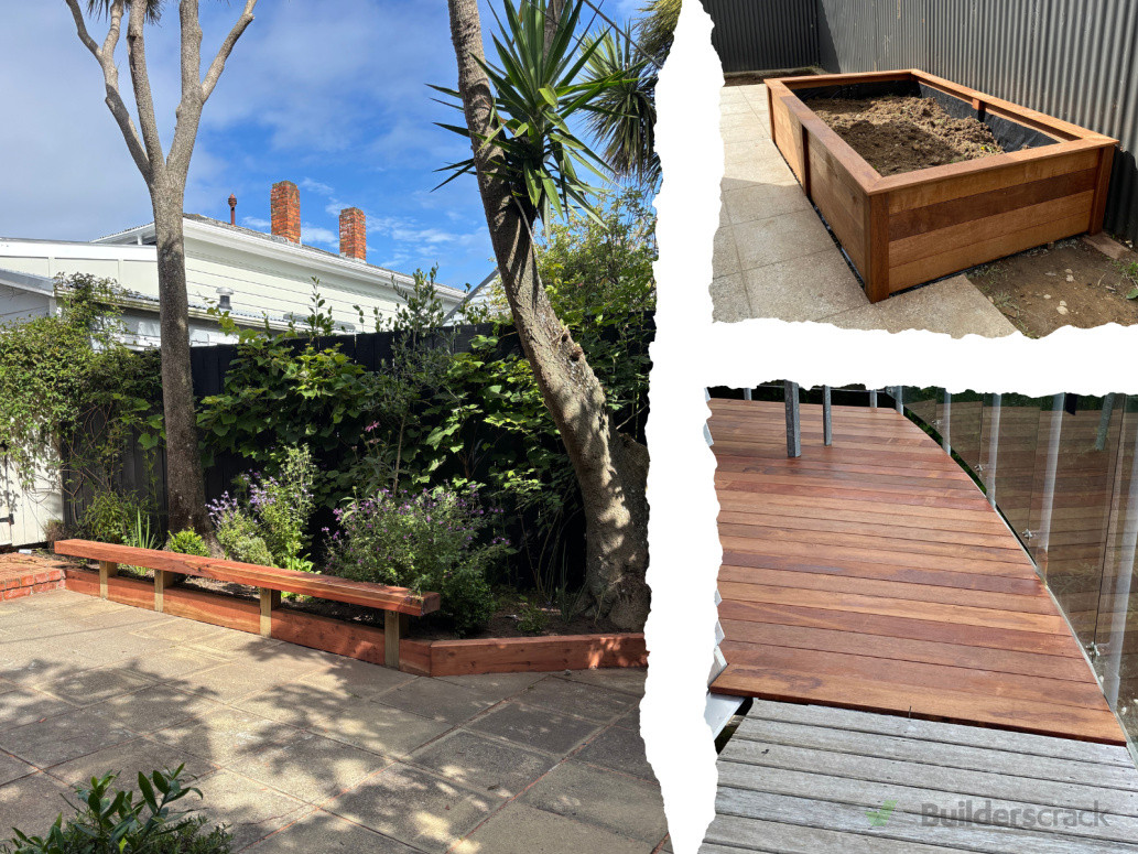 Outdoor seating, garden beds and decking