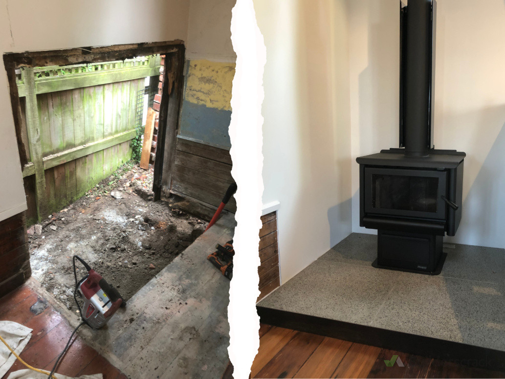 Fireplace installation + bespoke hearth with steel edging