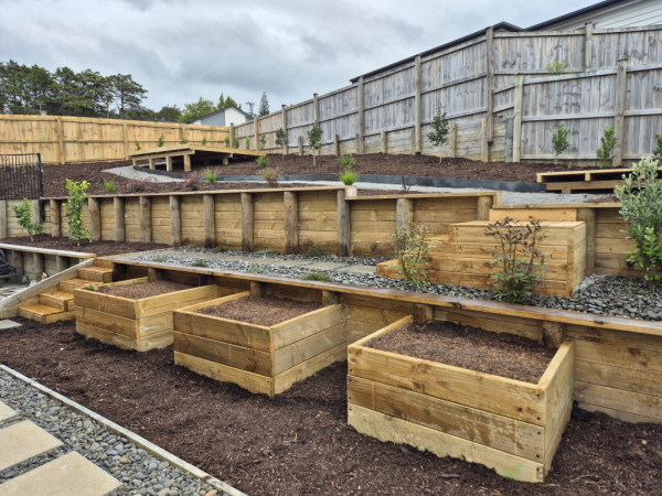 planter boxes, stairs, decks, fences, paving, planting, finishing works