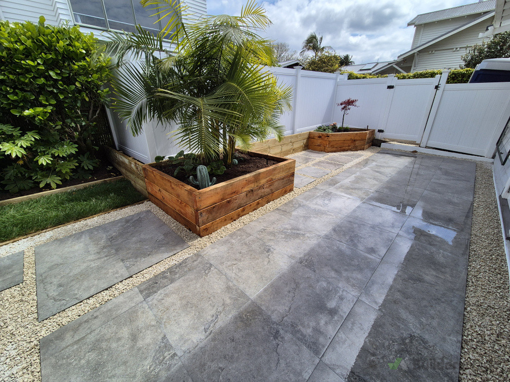 tiling, macrocarpa boxes, large plant installs,white chip, ready lawn