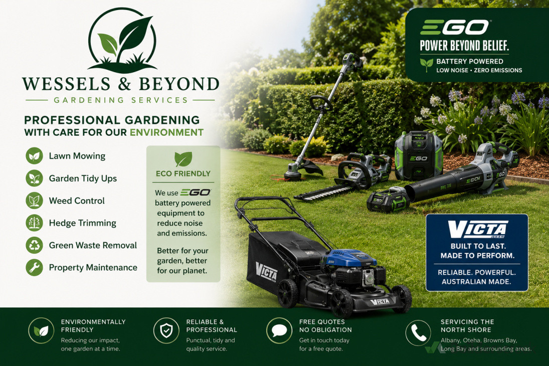 Eco-friendly gardening services using professional EGO battery-powered equipment and reliable Victa mowing equipment. Lawn mowing, garden tidy-ups, hedge trimming, weed control and property maintenance across Auckland’s North Shore.