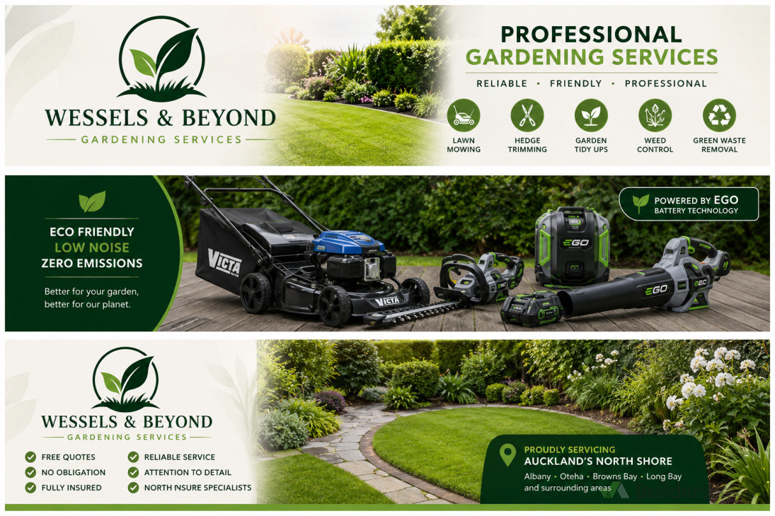 Professional gardening services across Auckland’s North Shore. Eco-friendly EGO battery equipment, reliable Victa mowing equipment, lawn mowing, hedge trimming, garden tidy-ups, weed control and free quotes.