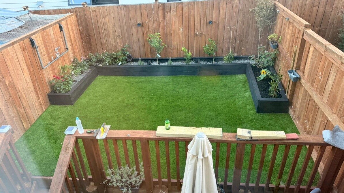 Artificial grass and planter box installation