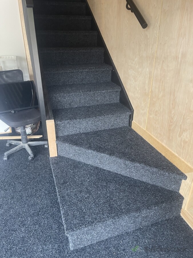 Garage carpeted stairs to attic