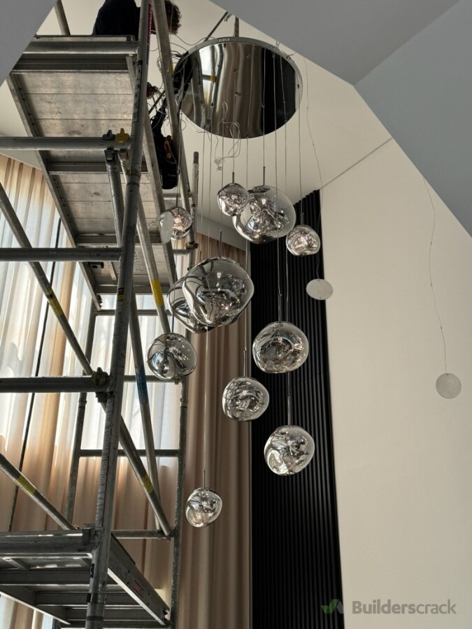INSTALLATION OF PENDTS. WITH THE MOBILE SCAFFPLDANT LIGHT . WE ERRECT OUR OWN MOBILE SCAFFOLDS TO INSTALL LIGHT SMOKE ALARMS AND SERVICE ANY OTHER HIGH ELECTRICALS. EG. HVAV.