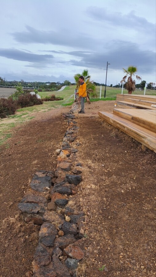 Stone wall and landscaping on Parakau island