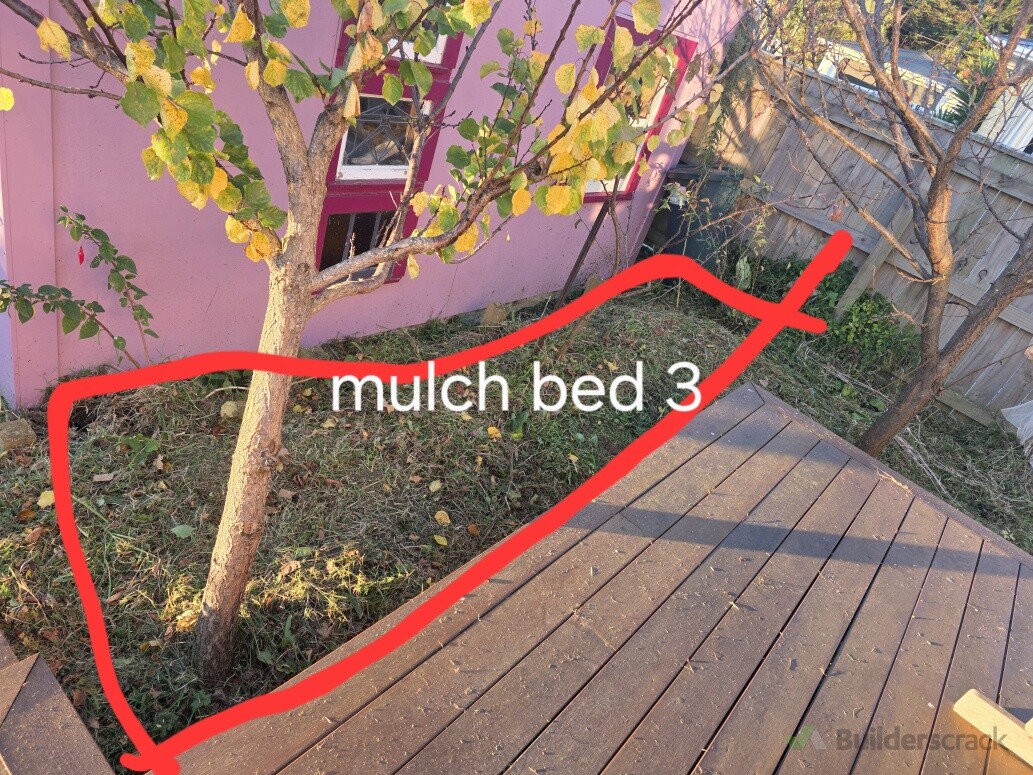 Some before and after photos of a mulch prep and install we completed, including leveling the ground, laying weedmat, and mulch