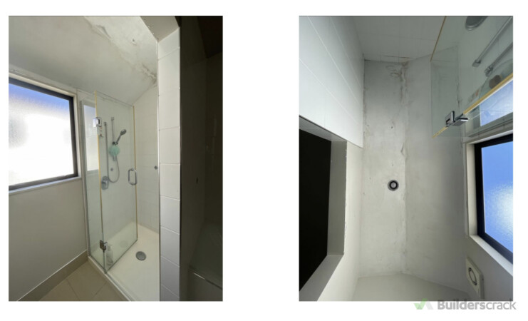 Water damage and mould staining caused by shower waterproofing failure.