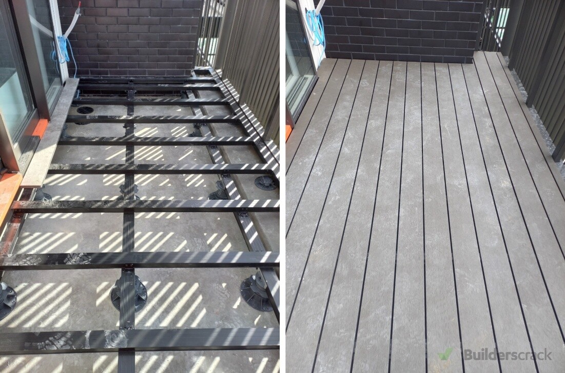 Freestanding composite deck on adjustable pedestals — set for drainage and fall, so water runs off and the surface below stays protected.