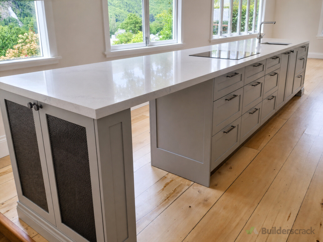 Integrated appliance wall, open shelving and panel alignment