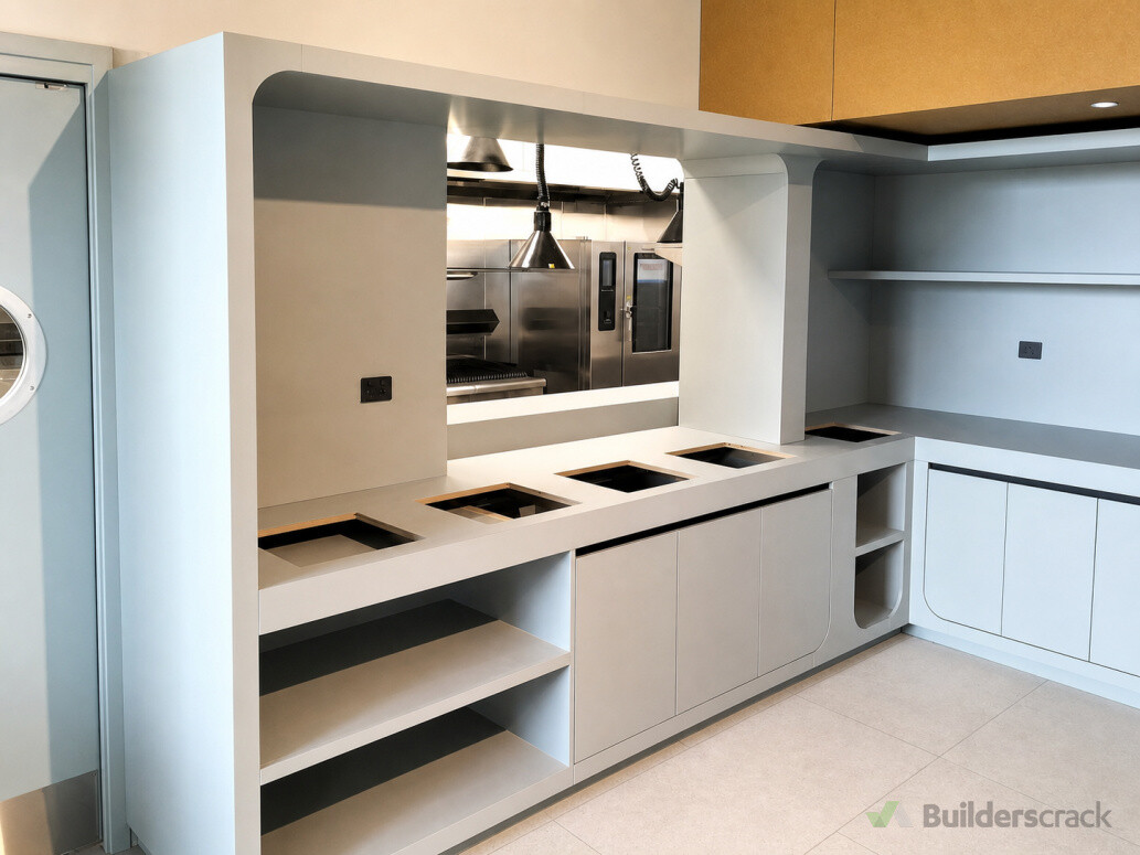 Curved commercial cabinetry, shelving and service counter cut-outs