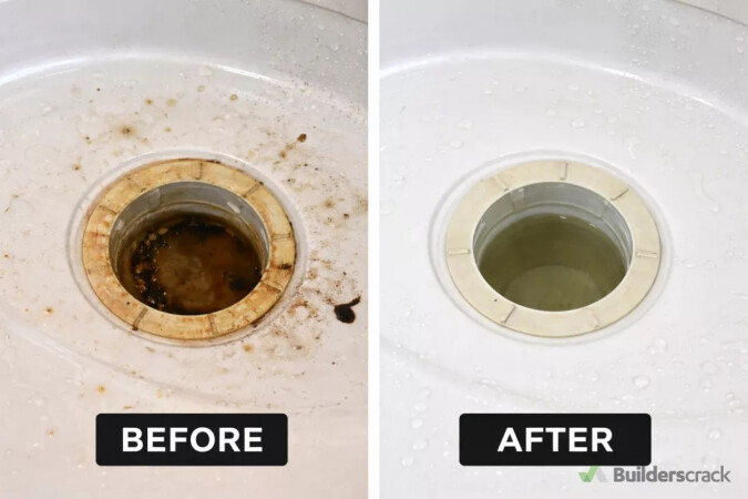 Shower drain before-and-after deep clean, removing built-up residue and staining.