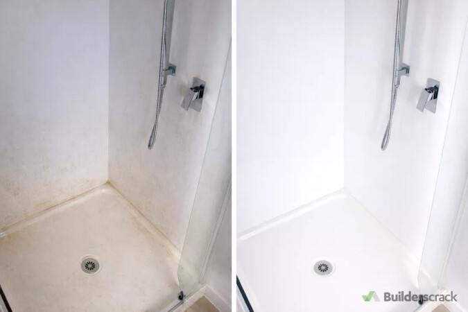 Shower enclosure before-and-after clean, treating grime and mould around walls and edges.