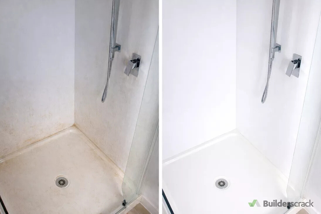 Shower enclosure before-and-after clean, treating grime and mould around walls and edges.