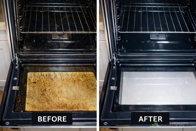 Oven before-and-after deep clean, removing heavy baked-on grease and residue.