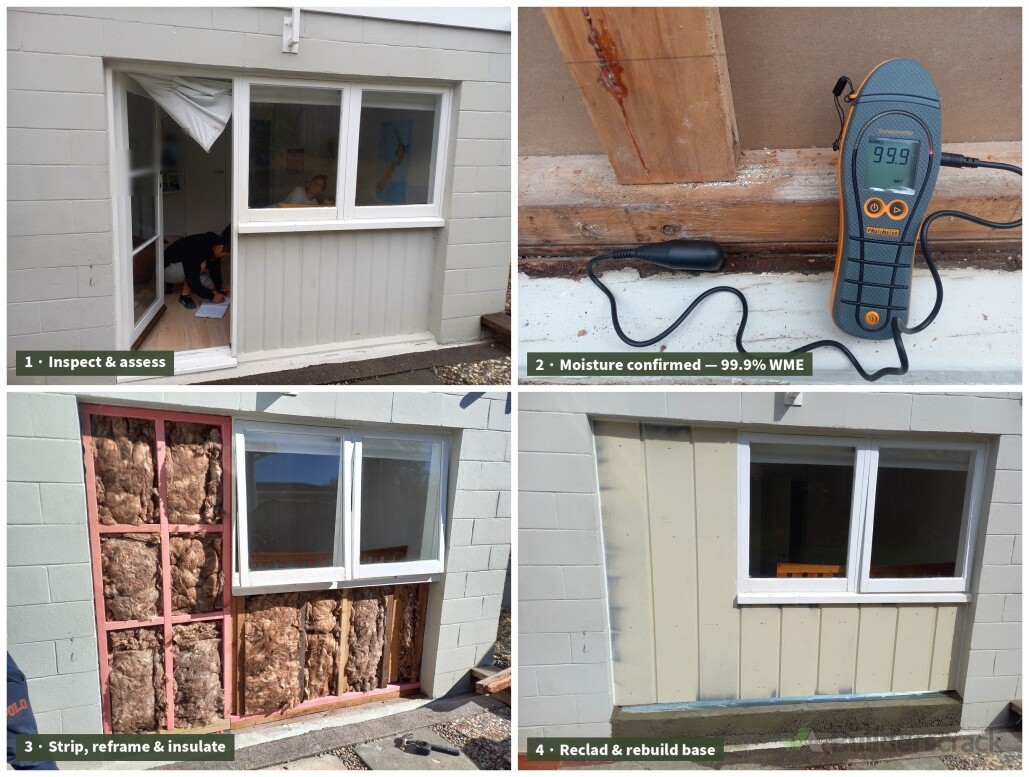 This elevation had suffered flood damage. We removed the door opening, reclad the wall, and raised a solid concrete base to keep future flooding out. Moisture confirmed at 99.9% before strip-out — assessed, then rebuilt to spec.