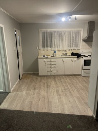 Old kitchen, with outdated cabinets and handles, no room for dishwasher and